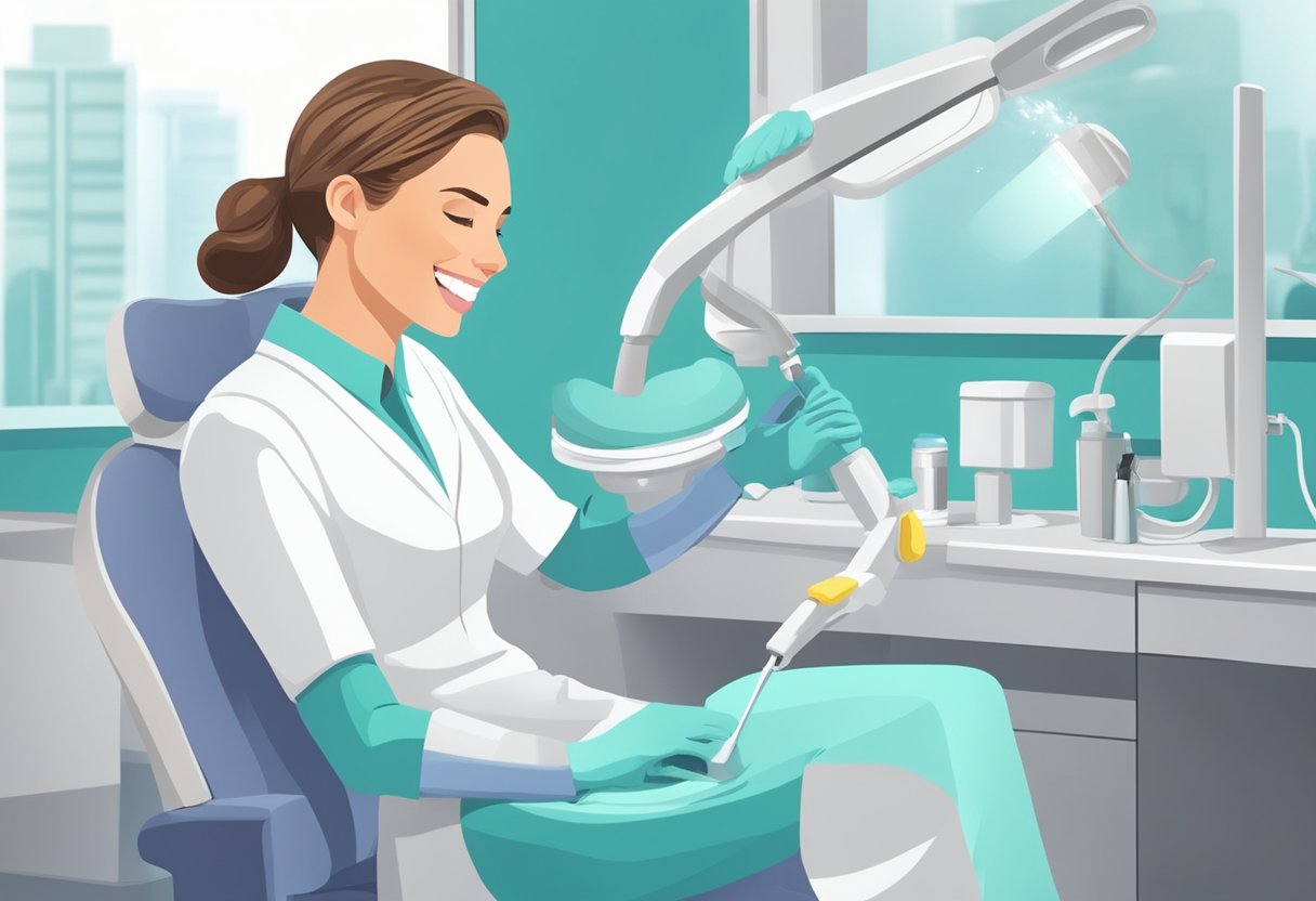 A dental hygienist cleaning and polishing teeth in a bright, modern dental office