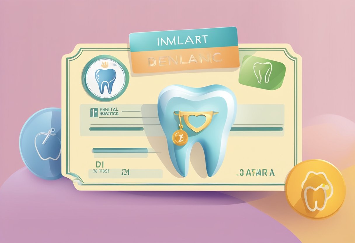 A dental insurance card with an implant symbol surrounded by tooth icons, a dentist's office in the background