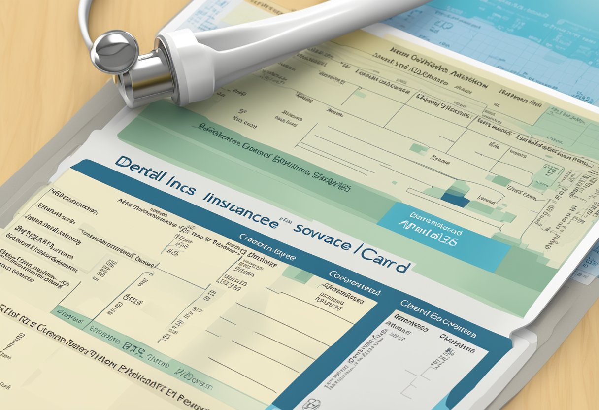 A dental insurance card next to a list of covered services, with a focus on "implants" highlighted