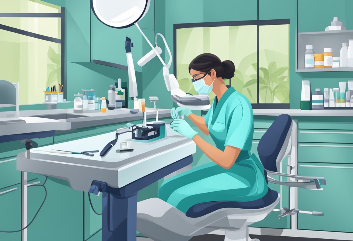 A dental assistant prepares tools and equipment for a patient's dental procedure