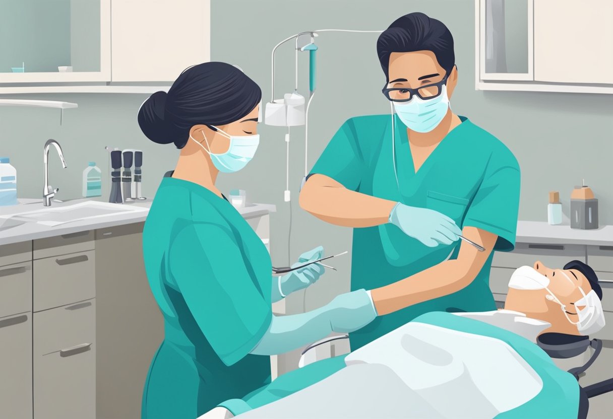 A dental assistant handing instruments to a periodontist during a gum surgery