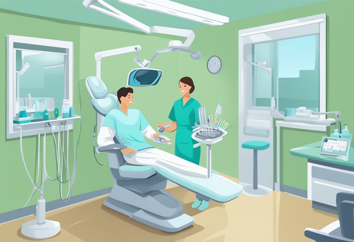 A dental assistant holds a tray of dental tools while comforting a patient in the dental chair. The patient is relaxed, and the room is bright and clean