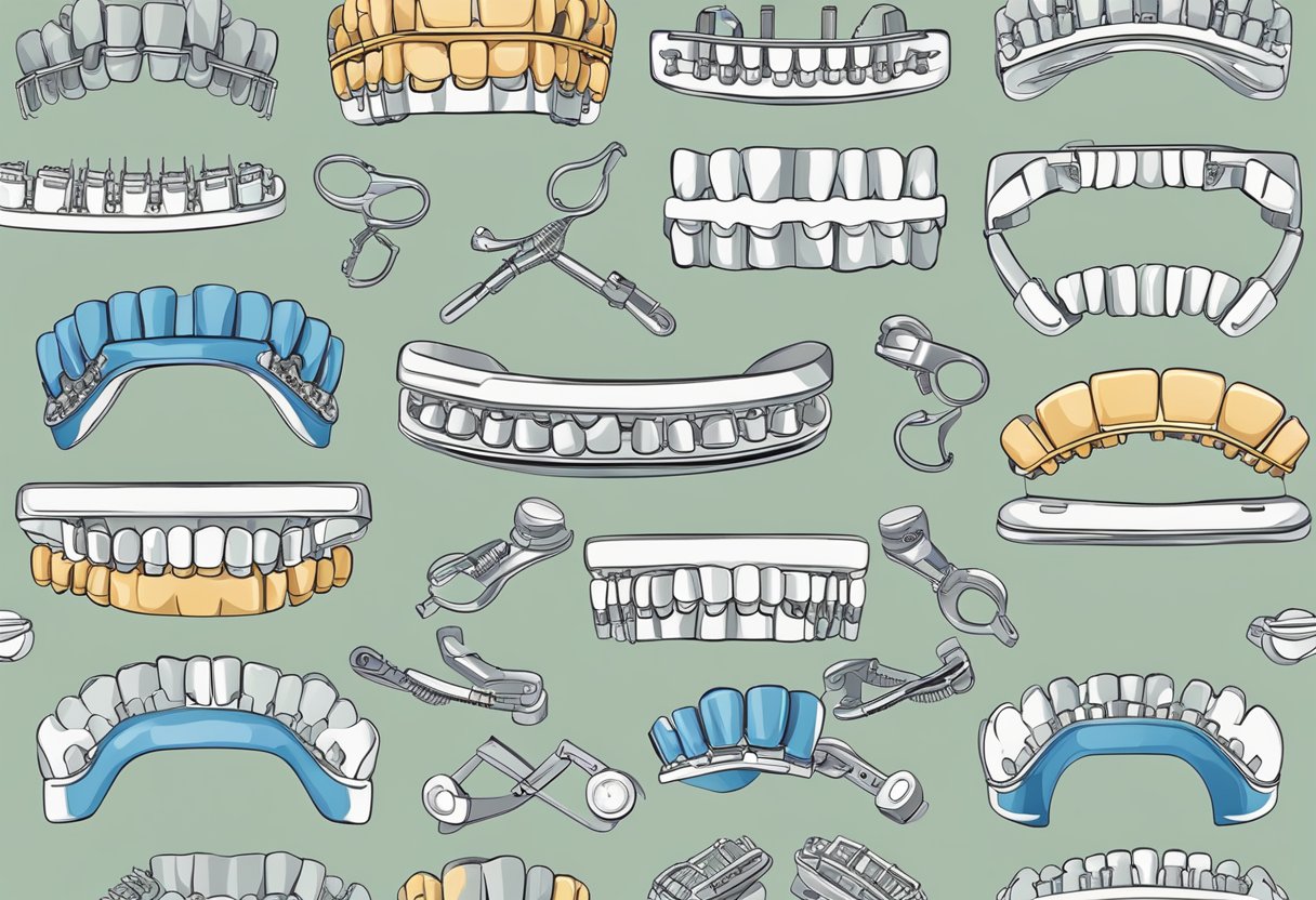 A variety of braces and orthodontic appliances displayed with a dental insurance brochure