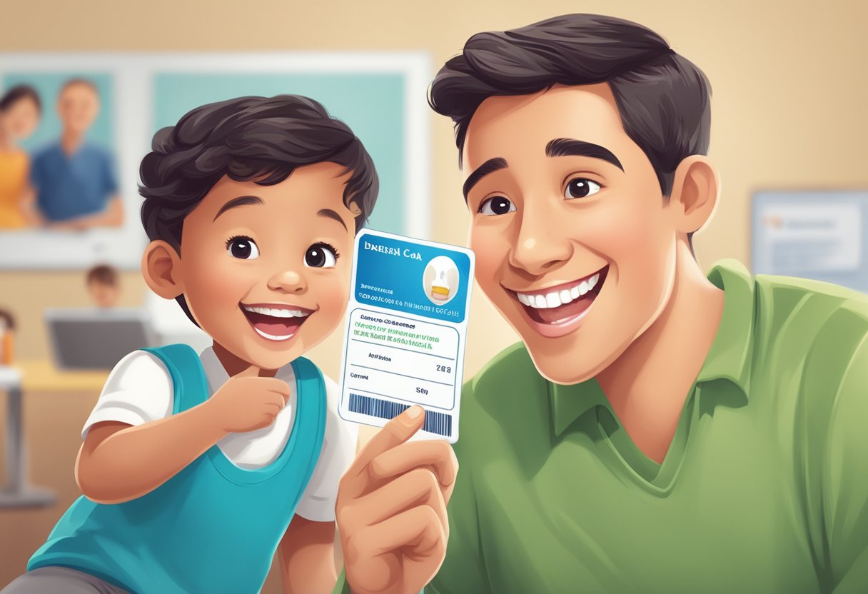 A smiling child with braces holds a dental insurance card while a parent looks on, surrounded by a backdrop of the Affordable Care Act logo and dental tools