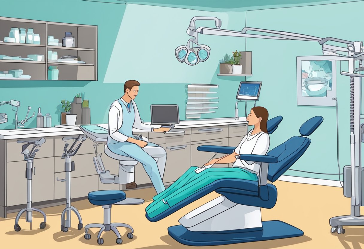 A person sitting in a dentist's chair, while the dentist explains the coverage of braces under their dental insurance plan