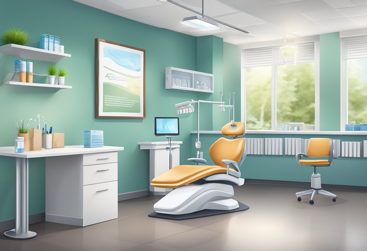 A dental office with a reception desk and waiting area, a brochure stand with insurance information, and a dentist's chair with dental implant tools