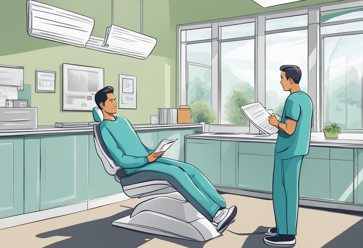 A person sitting in a dentist's office, looking at a brochure on dental implants while waiting for their insurance coverage to be confirmed