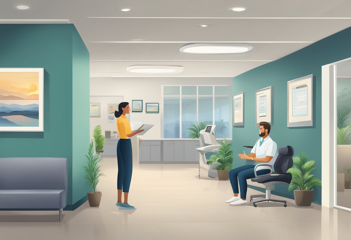 A dental office with a receptionist discussing insurance coverage with a patient. An implant poster is displayed in the waiting area