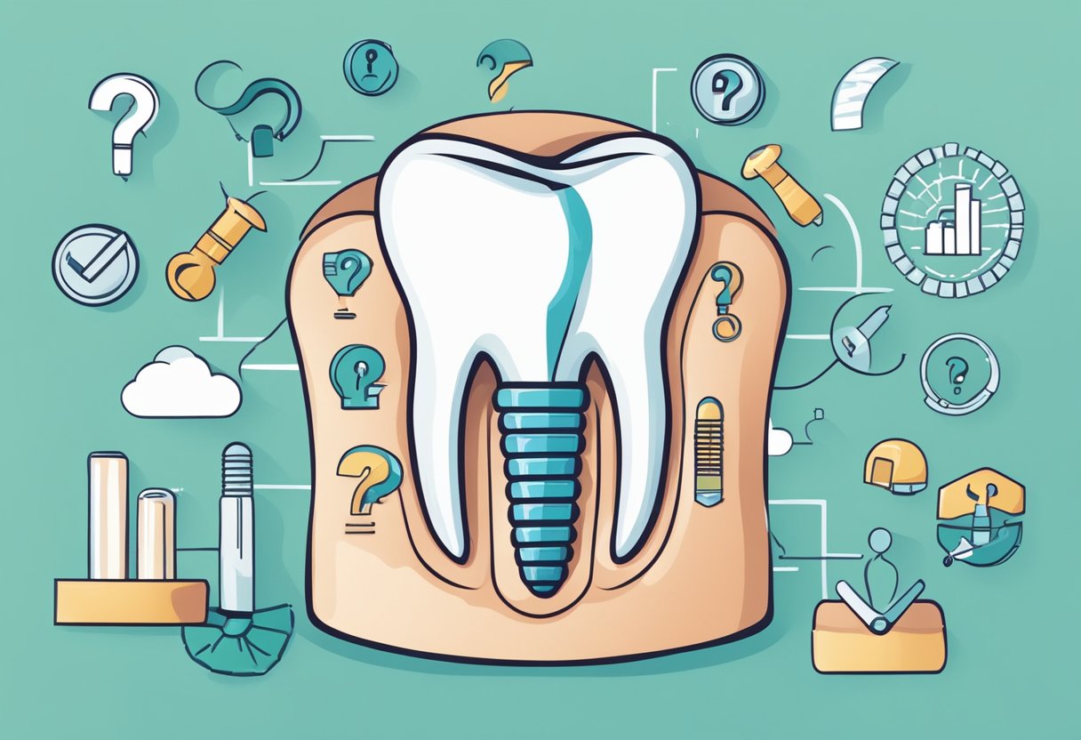 A dental implant surrounded by question marks and insurance symbols