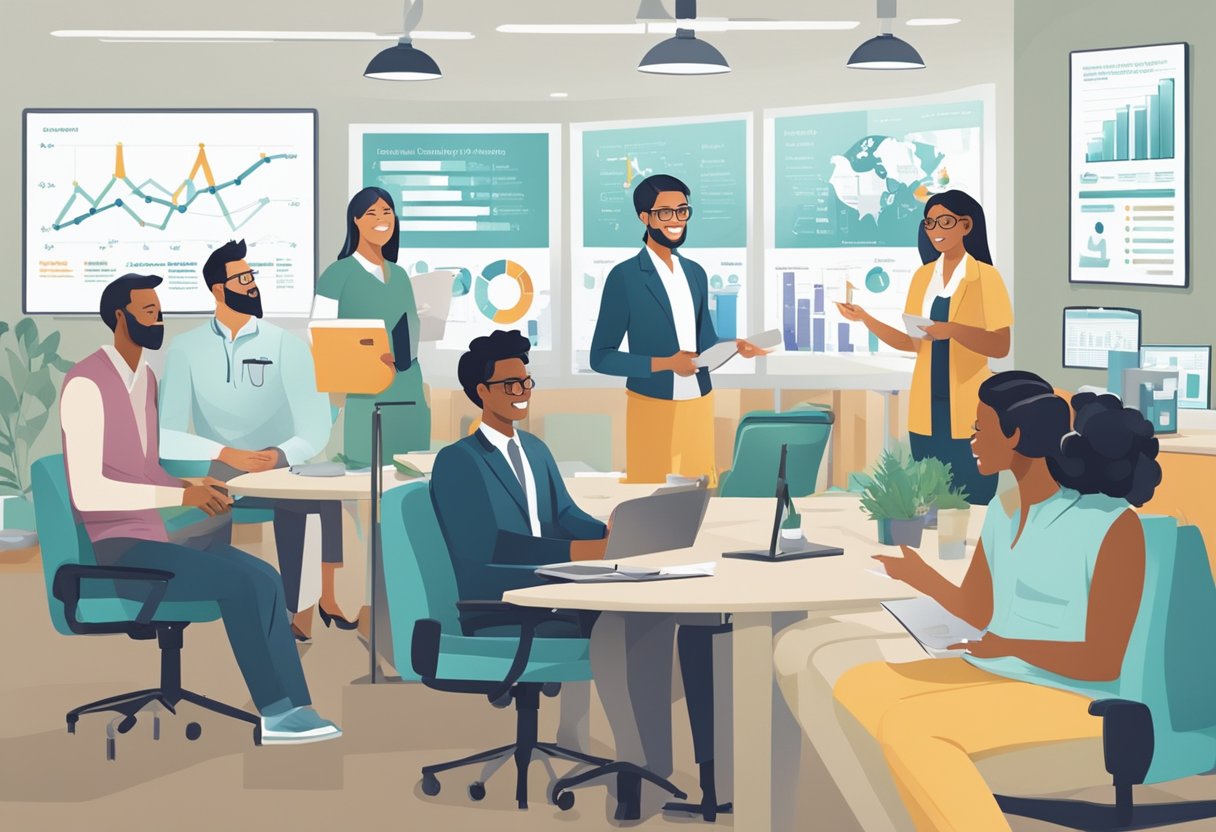 A diverse group of people discussing dental services in a government office setting. Charts and graphs are displayed on the walls