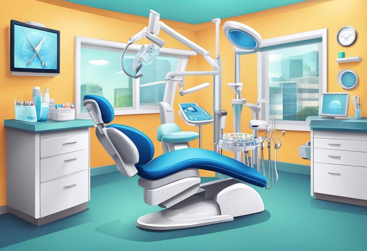 A colorful illustration of a dental office with various dental tools and equipment, including a dentist chair, dental instruments, and a Medicaid logo displayed prominently