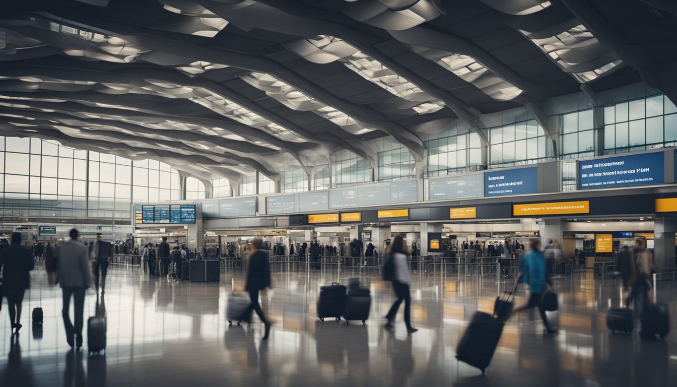 A bustling airport terminal with planes on the tarmac and travelers rushing to their gates. Luggage carts and signage indicate various destinations