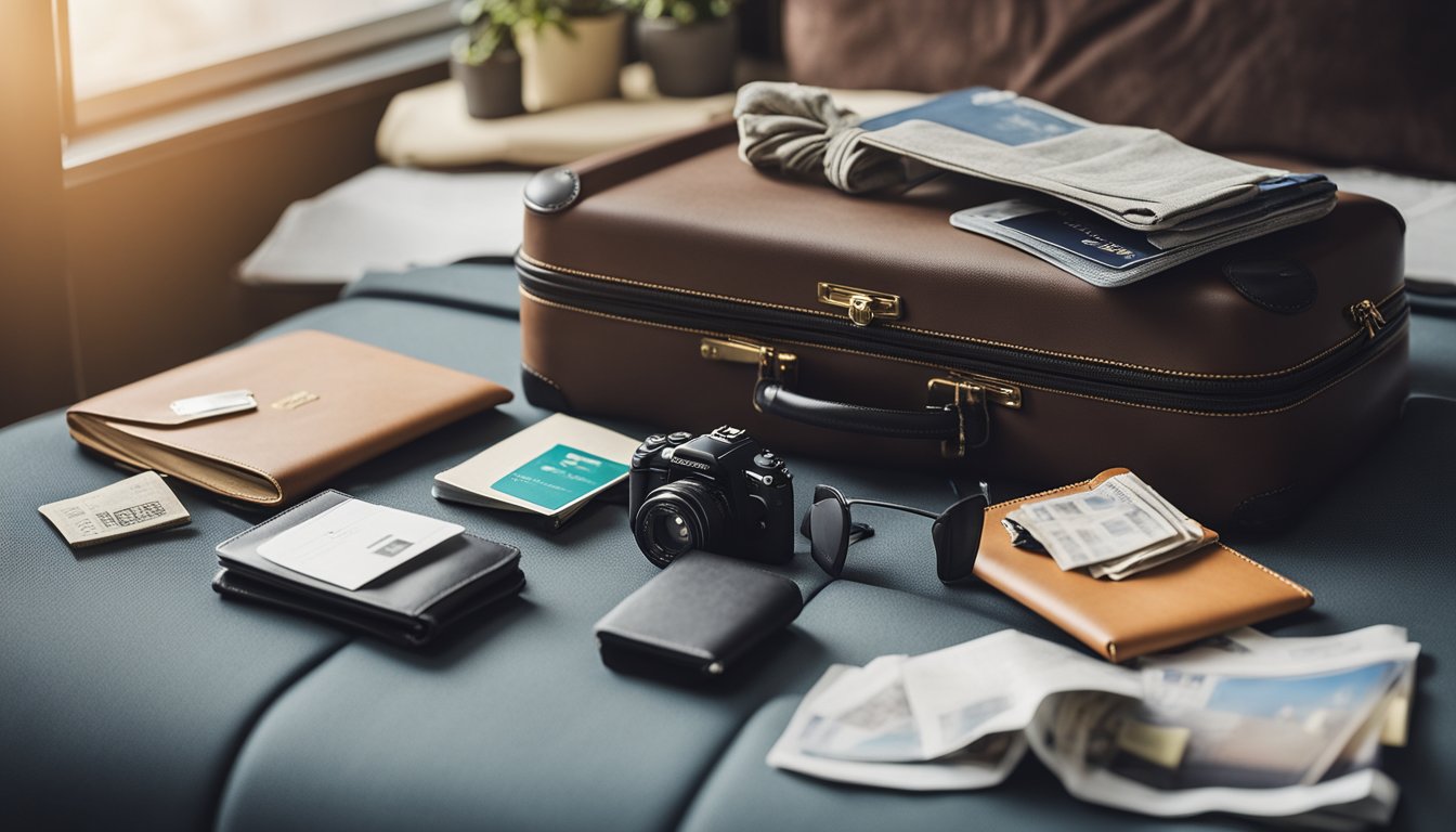 A suitcase filled with neatly folded clothes, toiletries, and travel essentials arranged next to a travel guidebook and passport