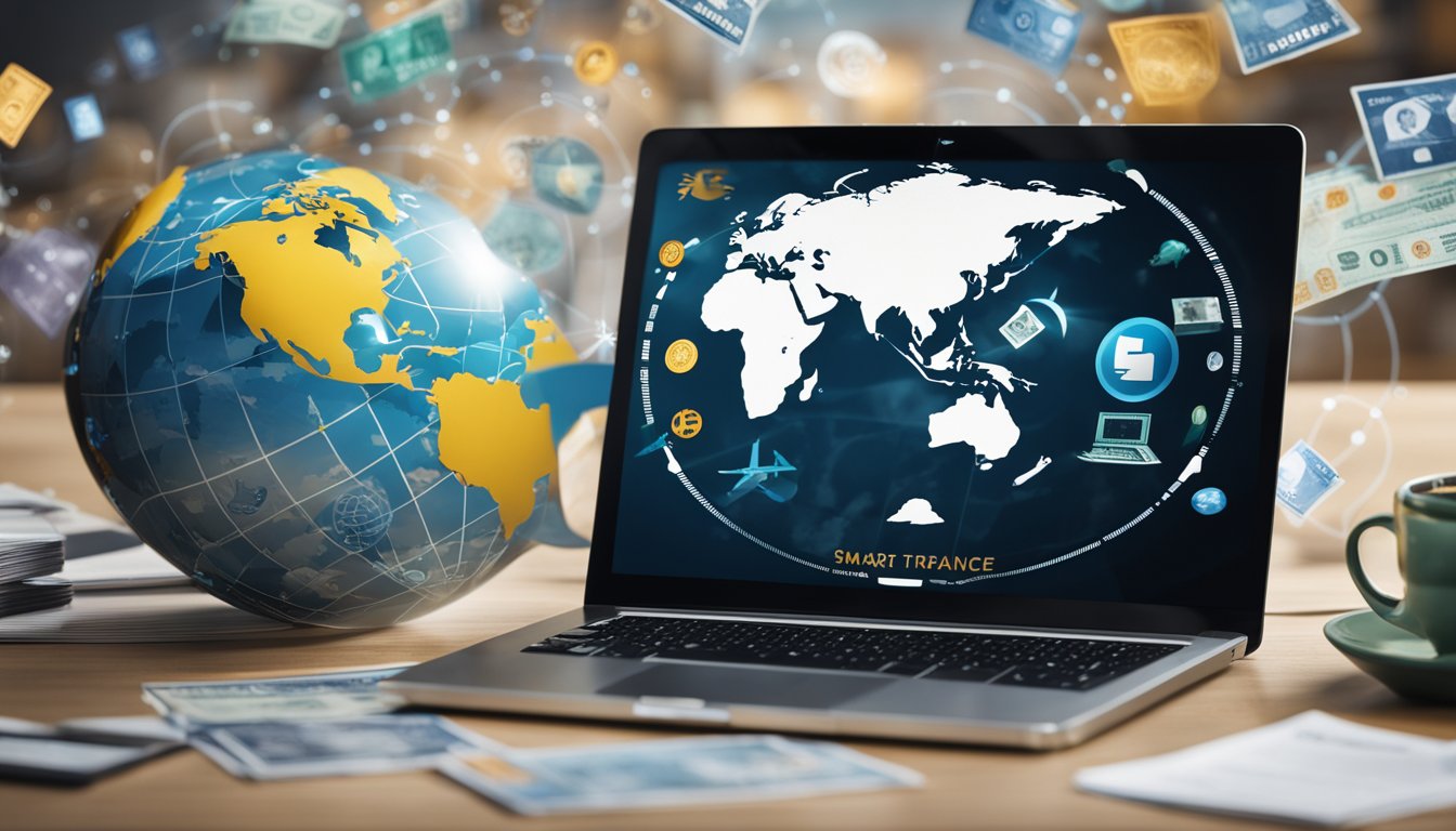 A globe surrounded by travel-related icons and currency symbols, with a laptop displaying the Smart Travel Finance website in the background