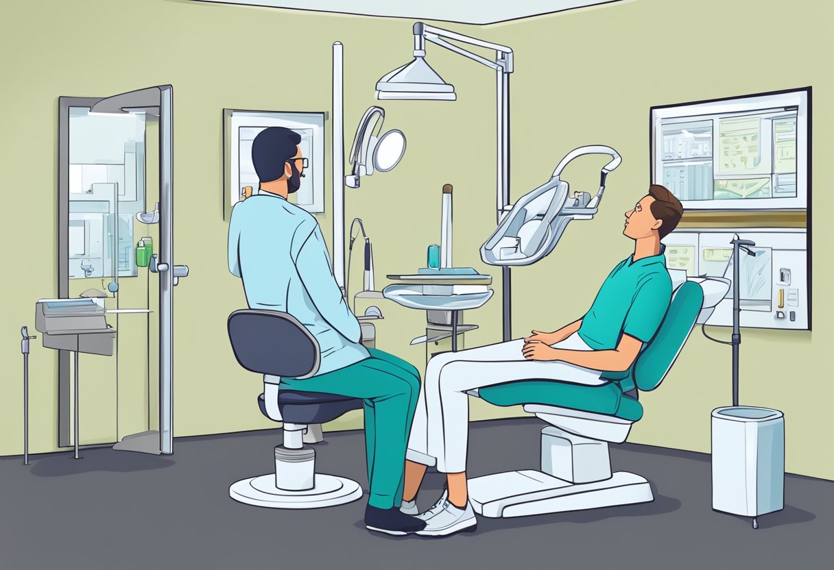 A person sitting in a dentist's chair with a concerned expression, while a dentist discusses cost and insurance options for dental implants