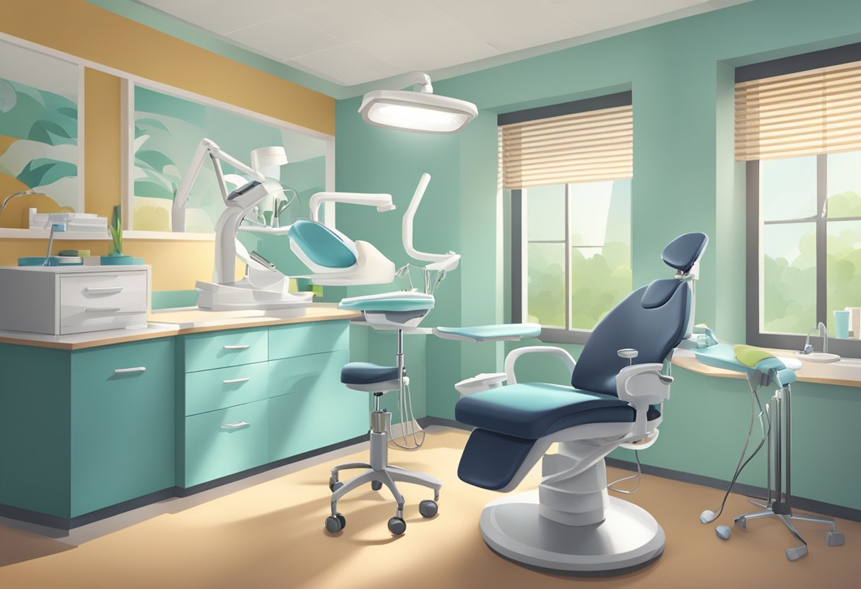 A serene dental office with a reclining chair, bright lighting, and a dentist's tools neatly arranged on a tray