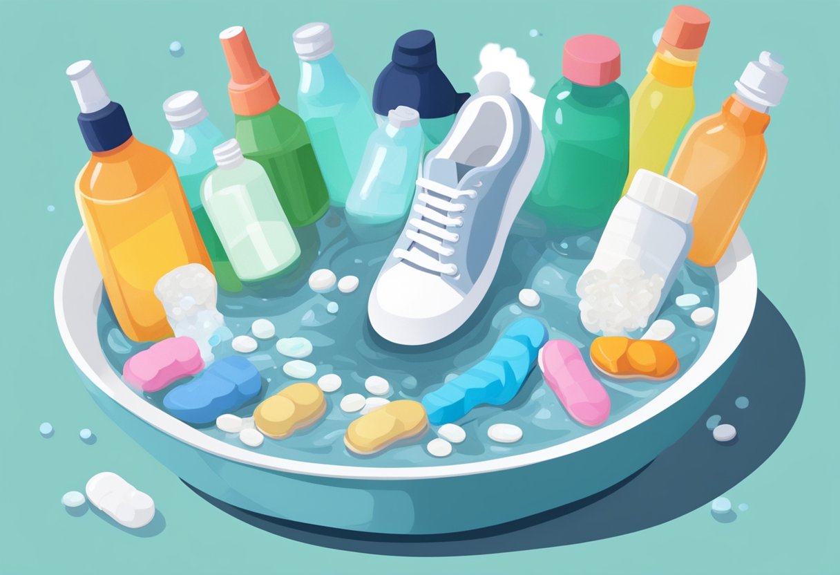 A foot submerged in a bowl of antifungal solution, surrounded by bottles of medication and a pair of clean socks