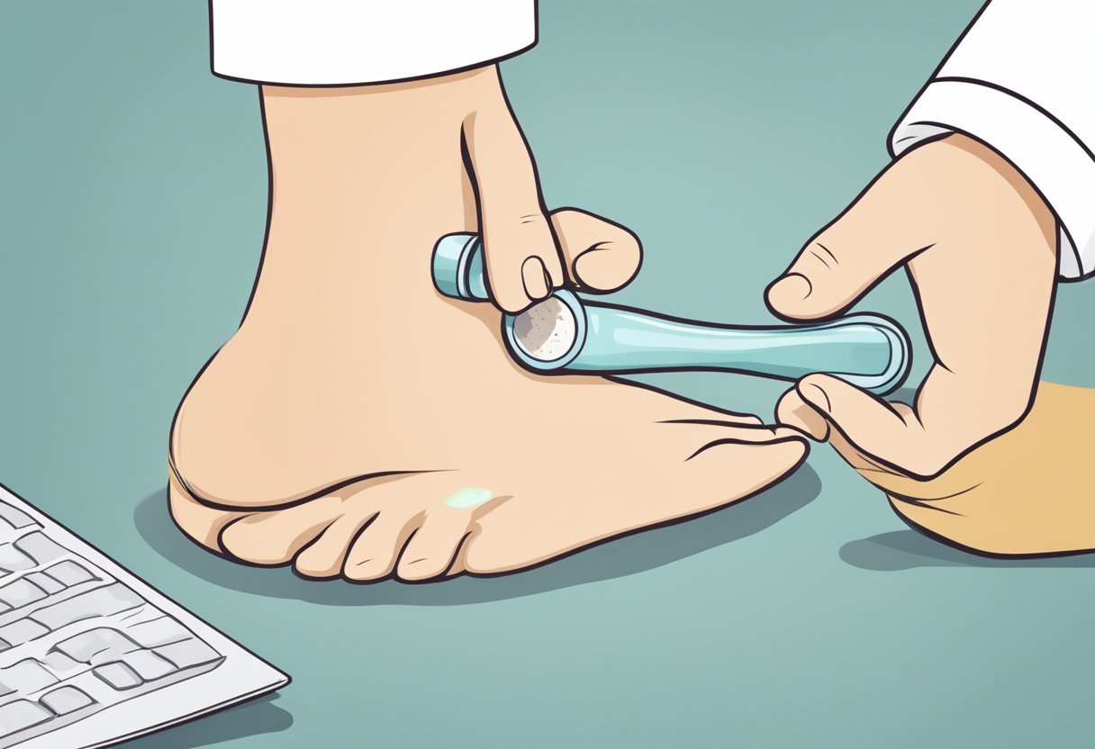 A foot with a fungal-infected toenail being examined by a medical professional using a magnifying glass