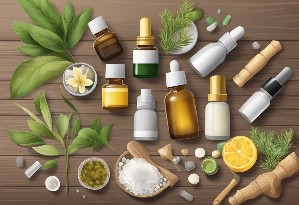 A bottle of antifungal nail treatment surrounded by various natural remedies and essential oils on a wooden table