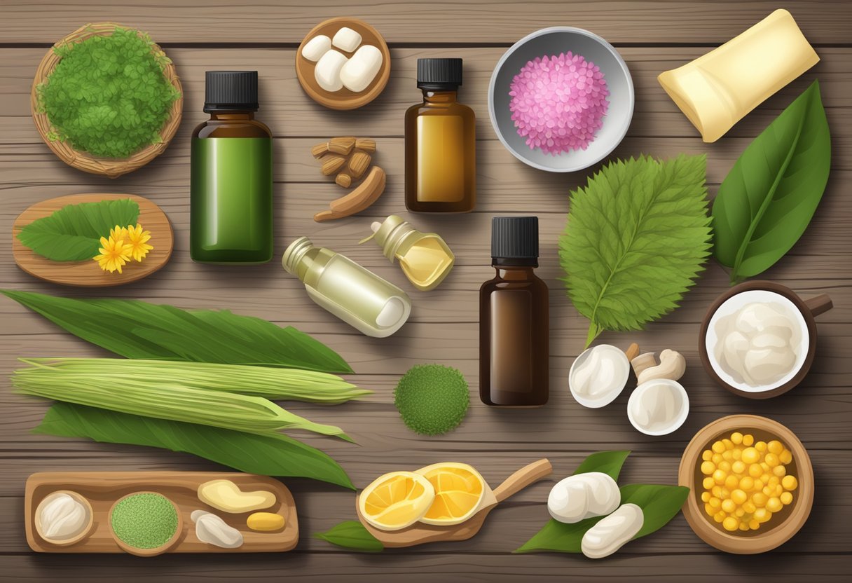 A collection of natural remedies and ingredients for treating toenail fungal infections displayed on a wooden table