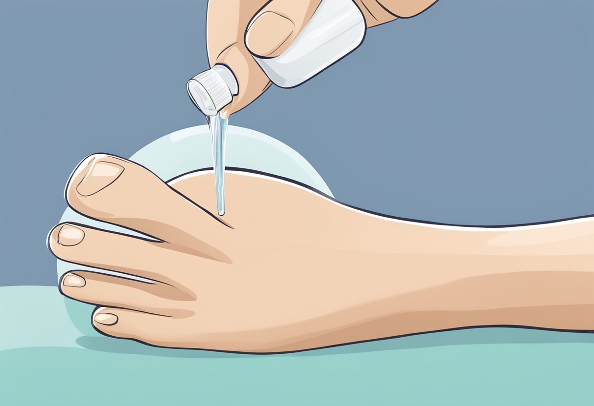 A bottle of antifungal solution being applied to a toenail