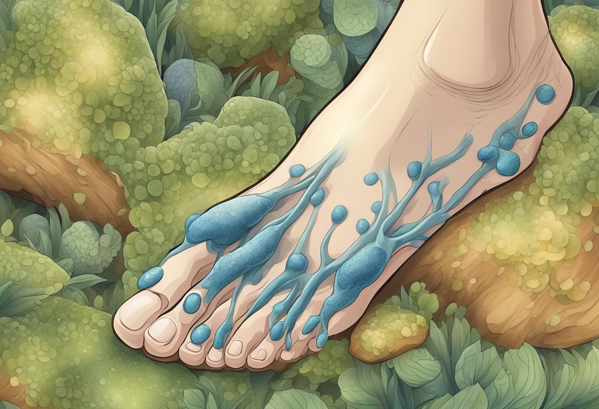 A close-up of a foot with discolored and thickened toenails, surrounded by fungal spores and bacteria