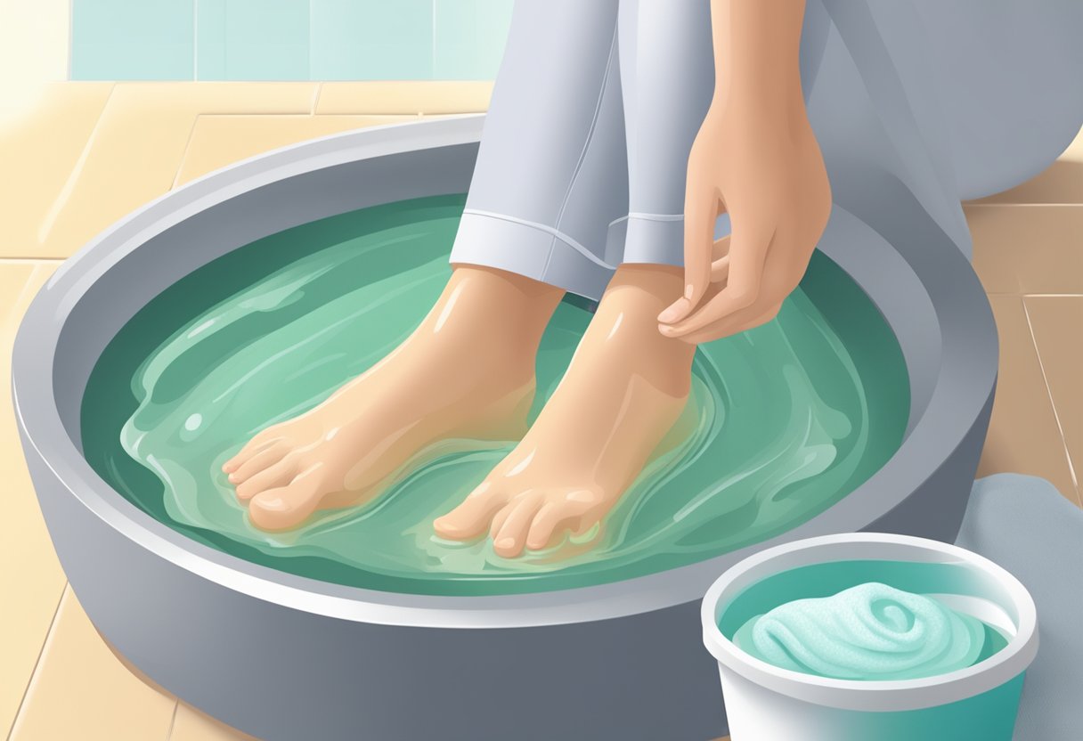 A foot soaking in a shallow basin filled with antifungal solution, with a bottle of antifungal cream and a clean towel nearby