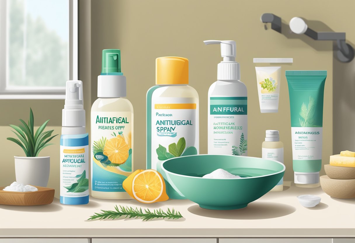 A bottle of antifungal spray sits next to a bowl of natural remedies, surrounded by a variety of over-the-counter ointments and creams on a bathroom counter