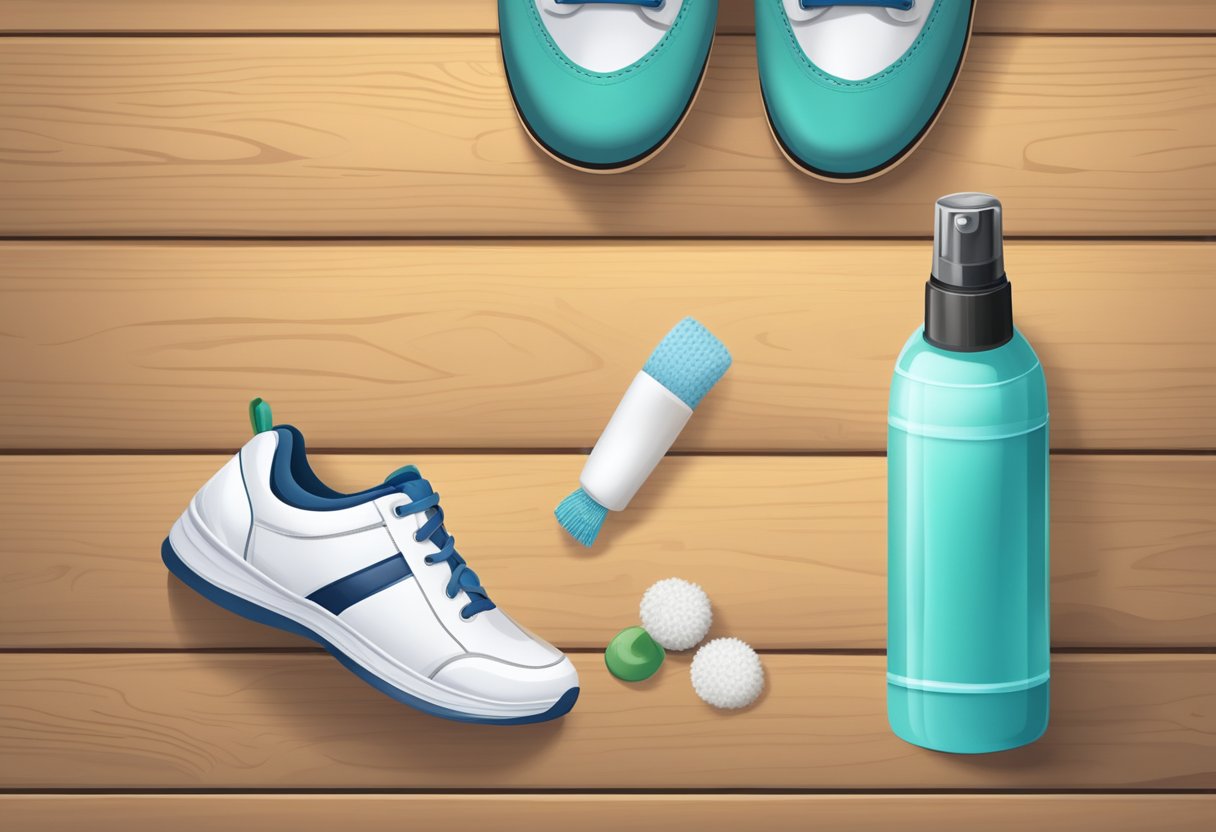 A bottle of antifungal spray next to a pair of clean socks and shoes on a wooden floor