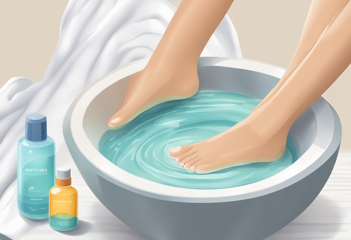 A pair of feet soaking in a bowl of antifungal solution, with a bottle of antifungal cream and a clean towel nearby