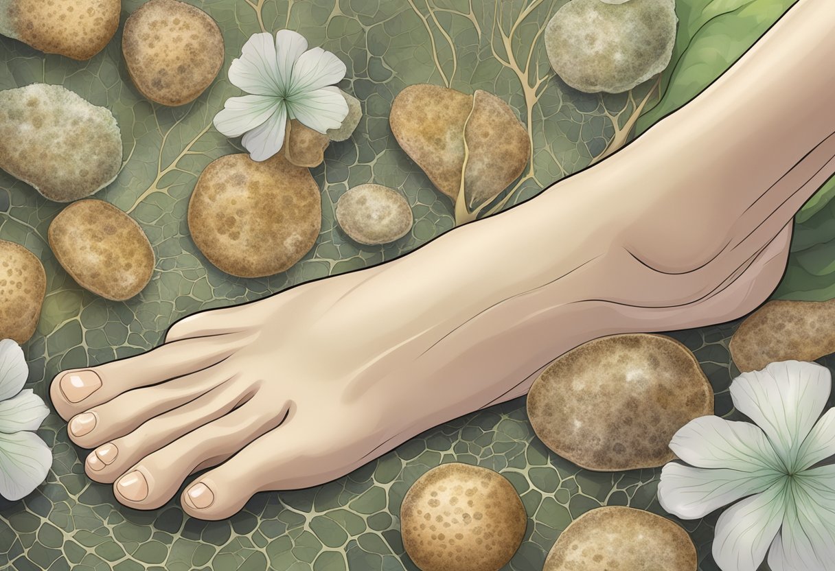 A close-up illustration of a foot with discolored and thickened toenails, surrounded by fungal spores and treatment options