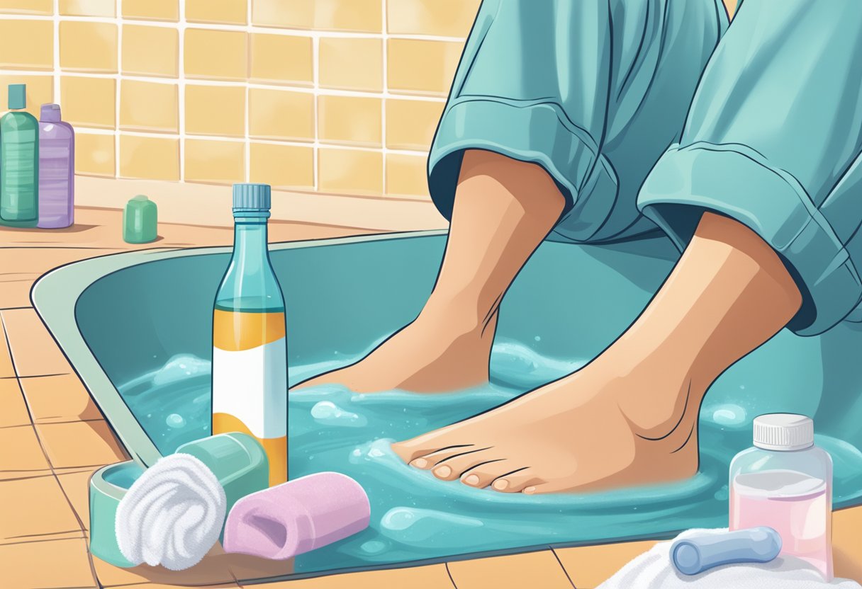 A pair of feet soaking in a tub of antifungal solution, with a bottle of medication and a towel nearby