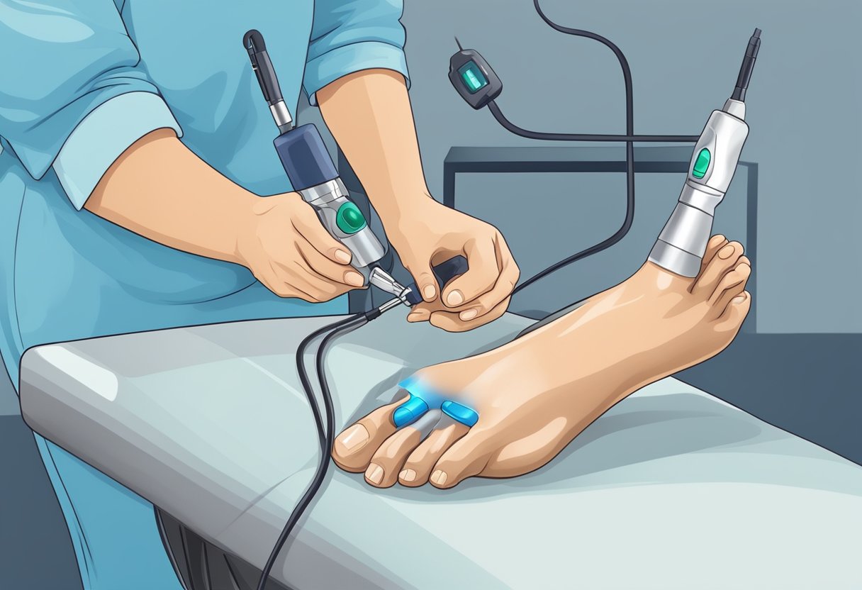 A podiatrist using laser or surgical tools to treat fungal infections on toes