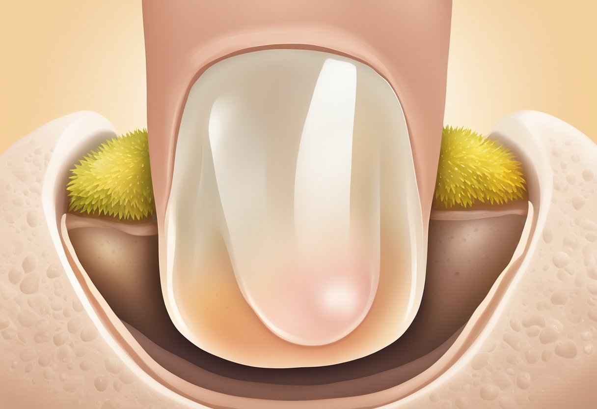 A close-up of a toenail with visible signs of fungal infection, such as discoloration, thickening, and crumbling edges