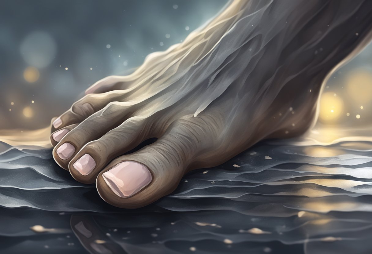 A close-up of a foot with discolored, thickened toenails and flaky skin, surrounded by damp, dark environment