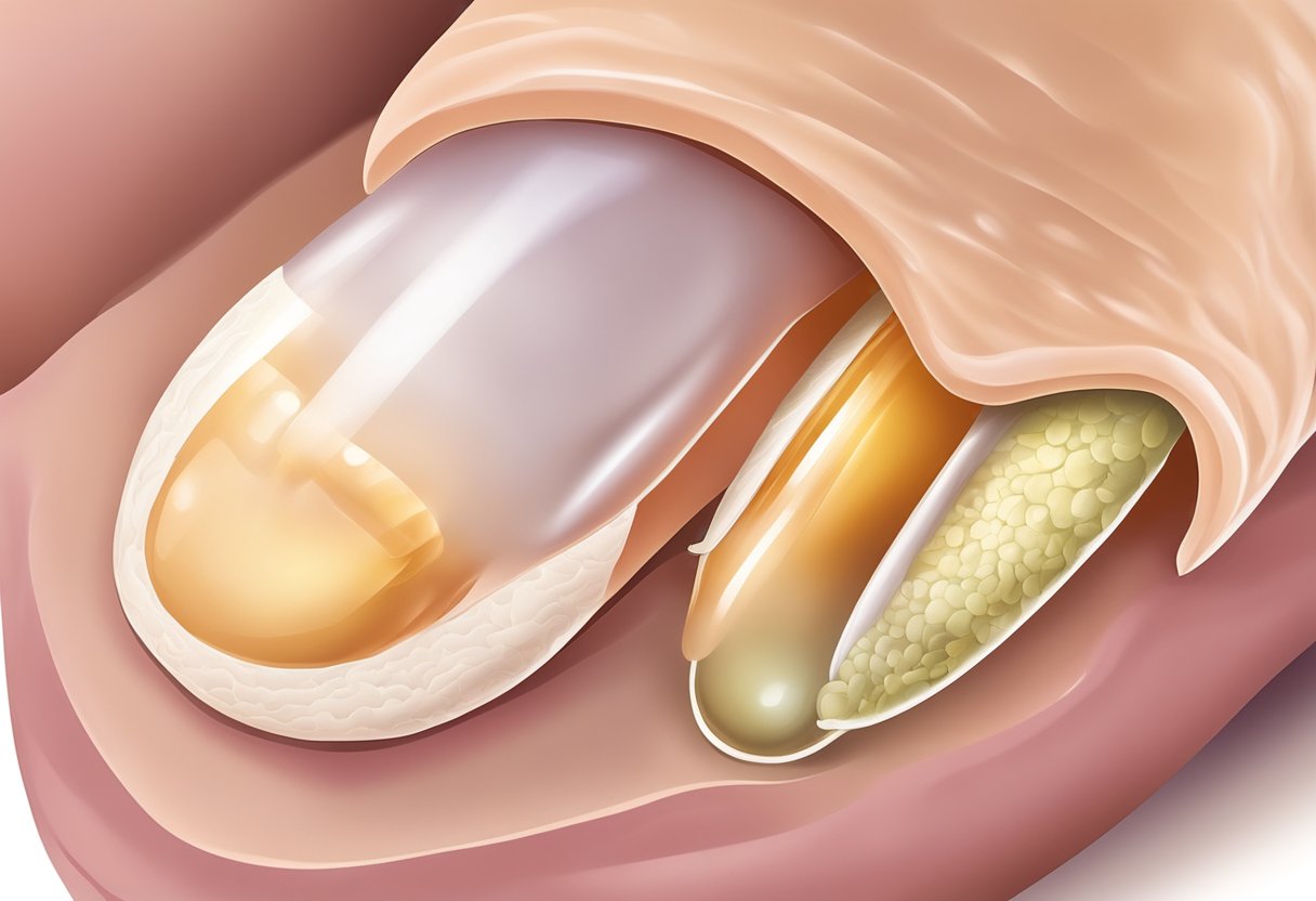 A close-up view of a toenail with a fungal infection, showing discoloration and thickening of the nail, surrounded by skin and other toenails