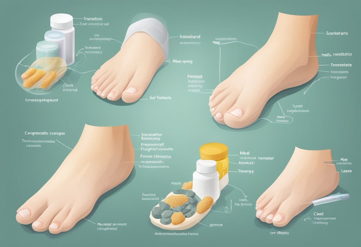 A close-up of a toenail with visible signs of fungal infection, surrounded by various treatment options such as antifungal creams, oral medication, and laser therapy