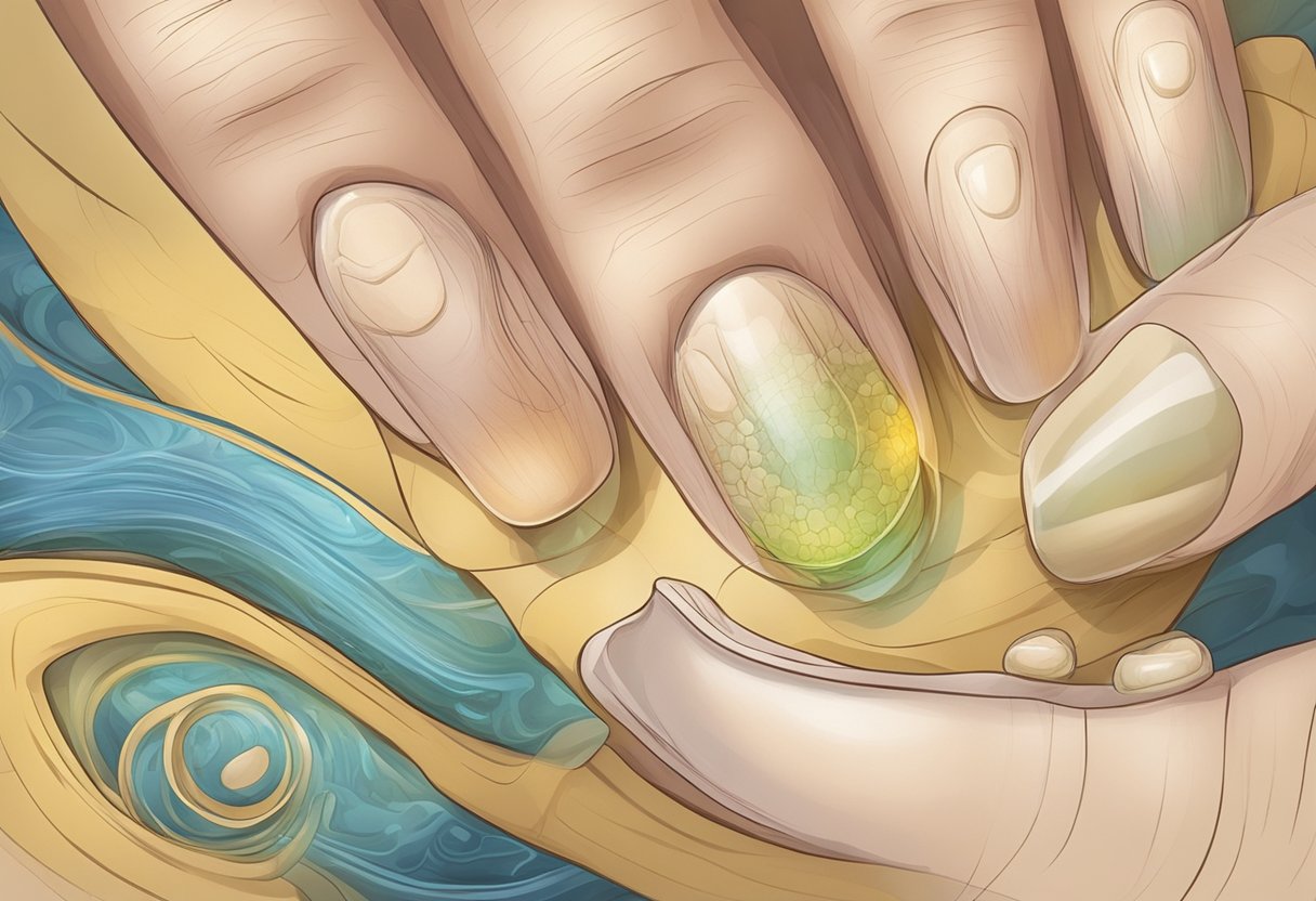 A close-up view of a discolored and thickened toenail with visible signs of fungal infection