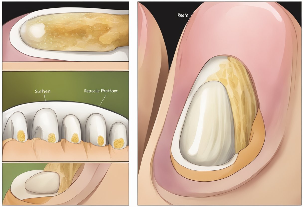 A close-up of a toenail with a fungal infection, showing discoloration, thickening, and crumbling