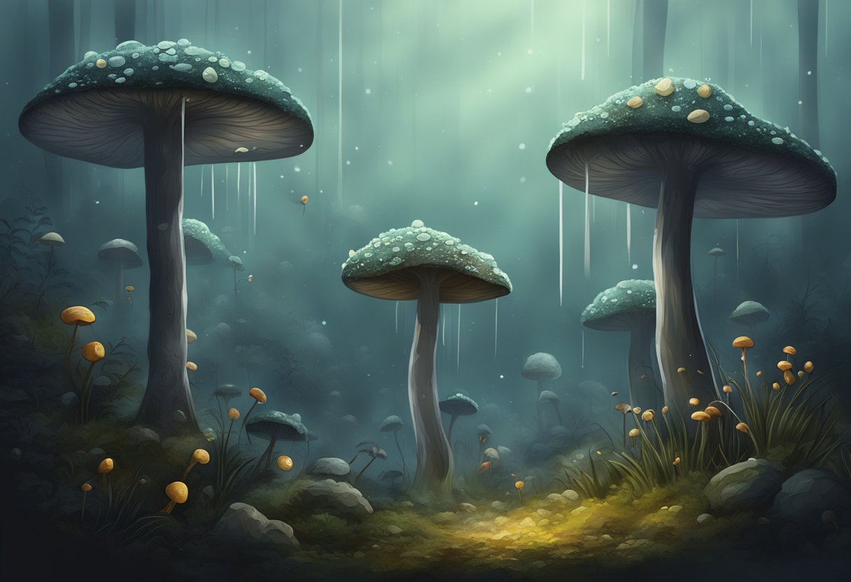 A damp, dark environment with fungi spores floating in the air