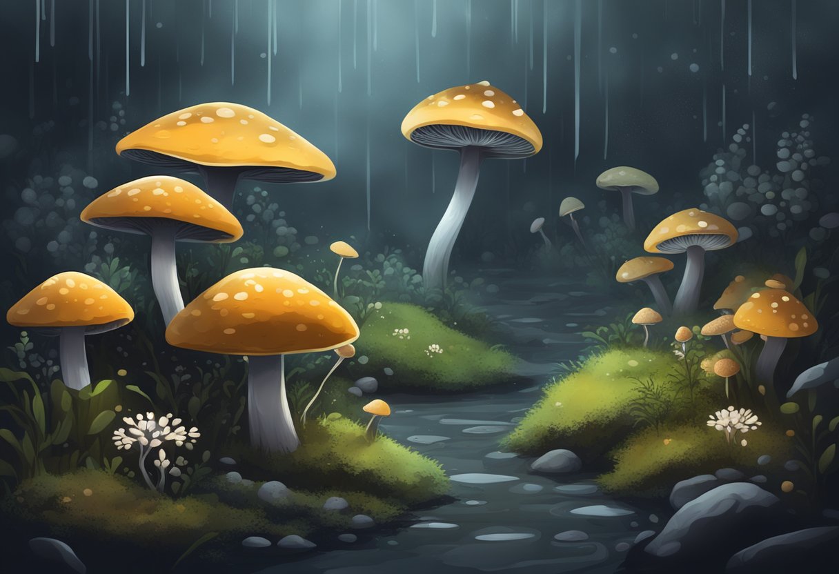 A damp, dark environment with fungi spores floating in the air