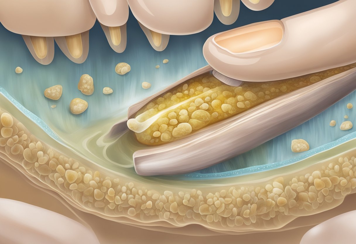 A close-up of a discolored and thickened toenail with visible signs of fungal infection