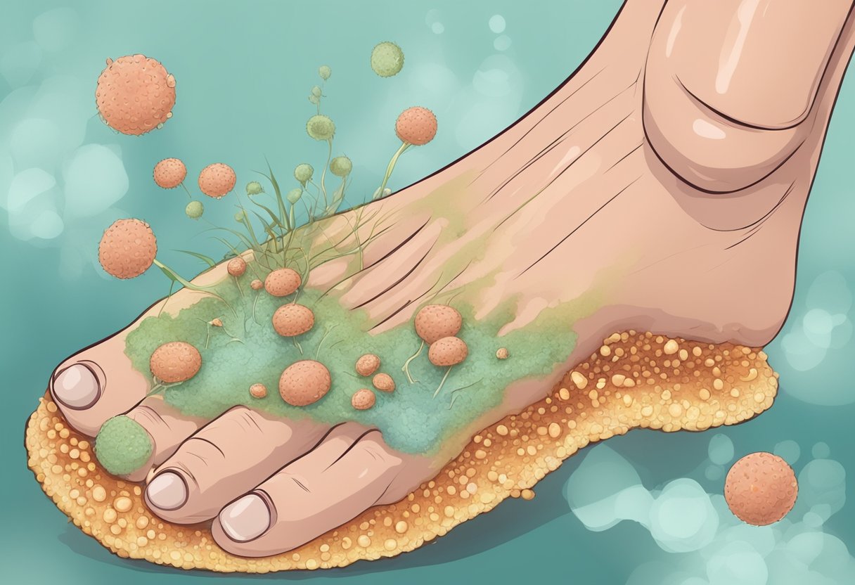 A close-up of a fungus-infected toe with redness and swelling, surrounded by bacteria and inflammation