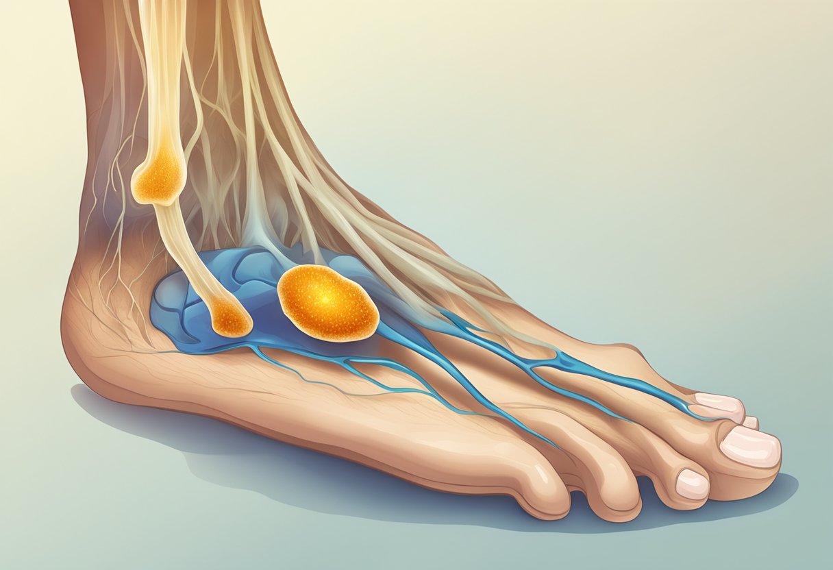 A foot with discolored, inflamed toes and spreading fungal infection