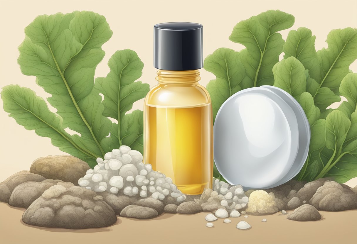 A bottle of topical treatment sits next to a clump of fungus on a toenail