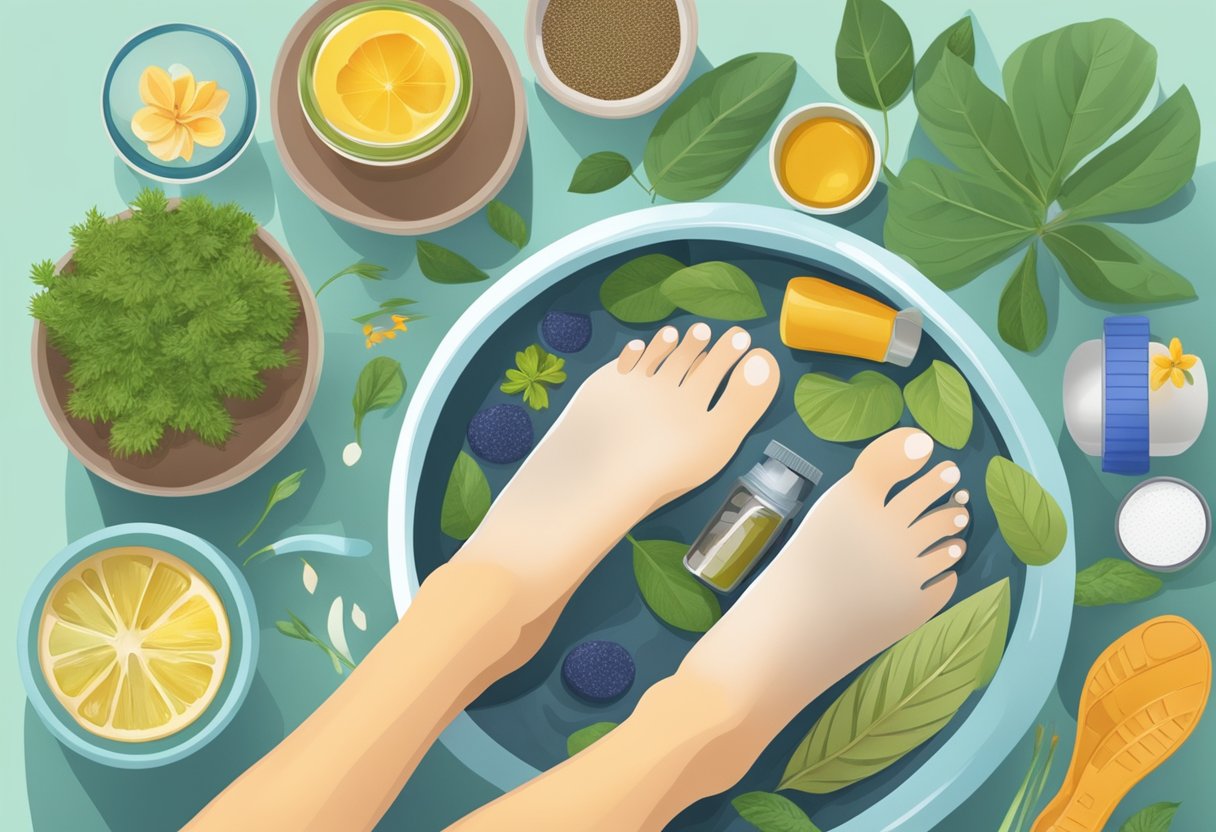 A close-up of a foot soaking in a basin of natural remedies, surrounded by healthy lifestyle items like running shoes and herbal supplements