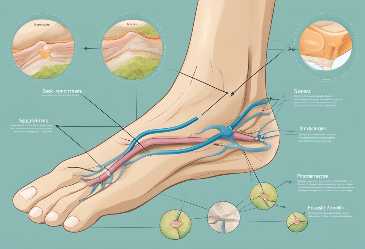 Toenail fungus spreading to other body parts, depicted through a series of interconnected arrows pointing from a foot to various areas of the body