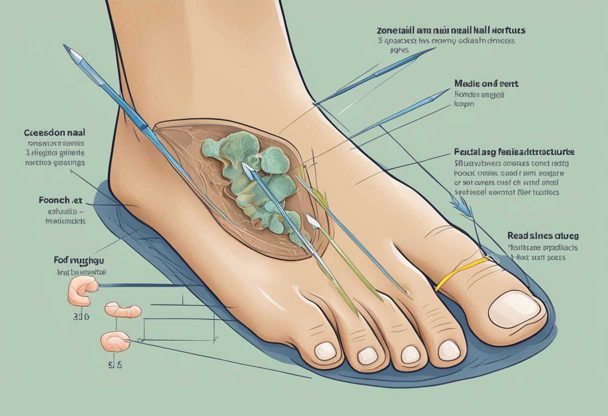 A close-up of a foot with visible toenail fungus, surrounded by other body parts with arrows pointing towards them