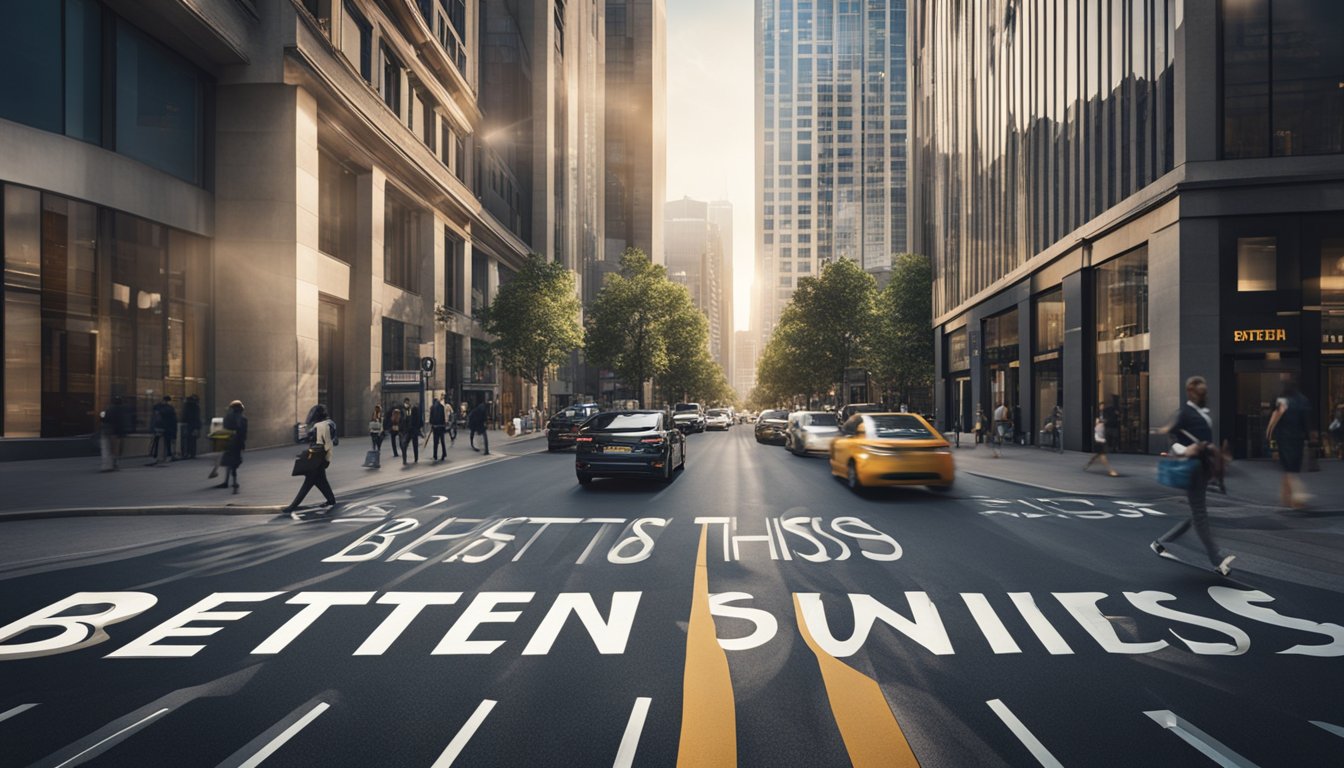 A bustling city street with a sleek, modern office building labeled "betterthisworld business" at the center. Pedestrians and vehicles fill the area