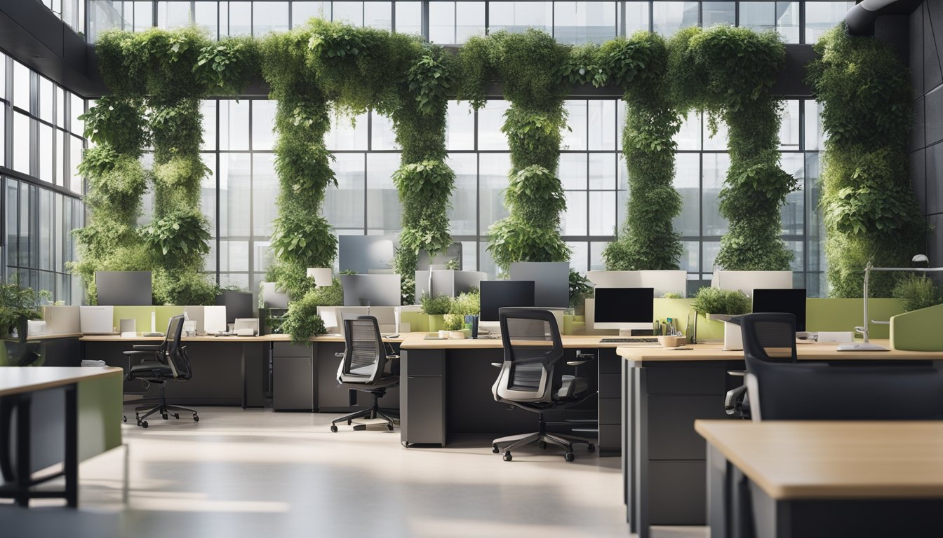 An eco-friendly office with solar panels, recycling bins, and greenery